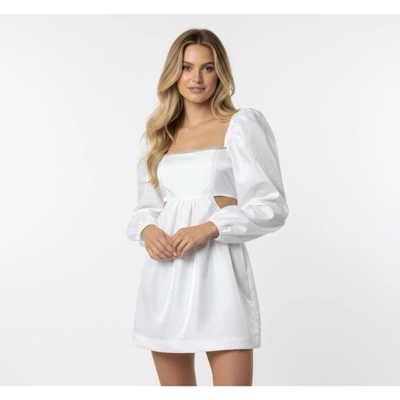 Danielle Bernstein Dresses & Skirts - NWT Danielle Bernstein Dress 8 White Rhinestone Puff Sleeve Cutout NYE Holiday